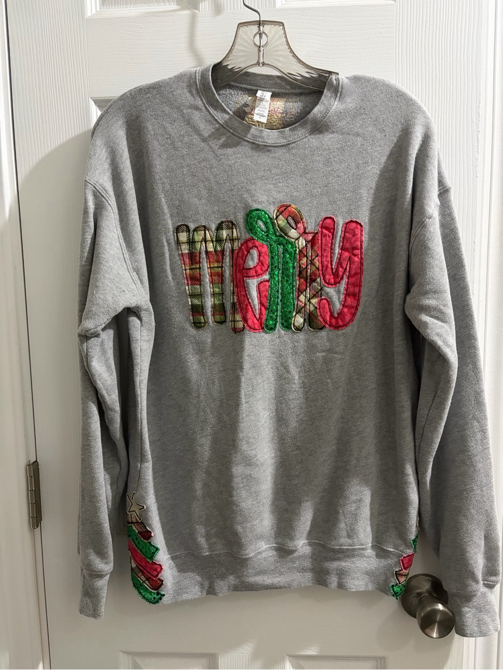 Bella Canvas Gray Crewneck Sweatshirt with Festive Plaid 'Merry' Applique